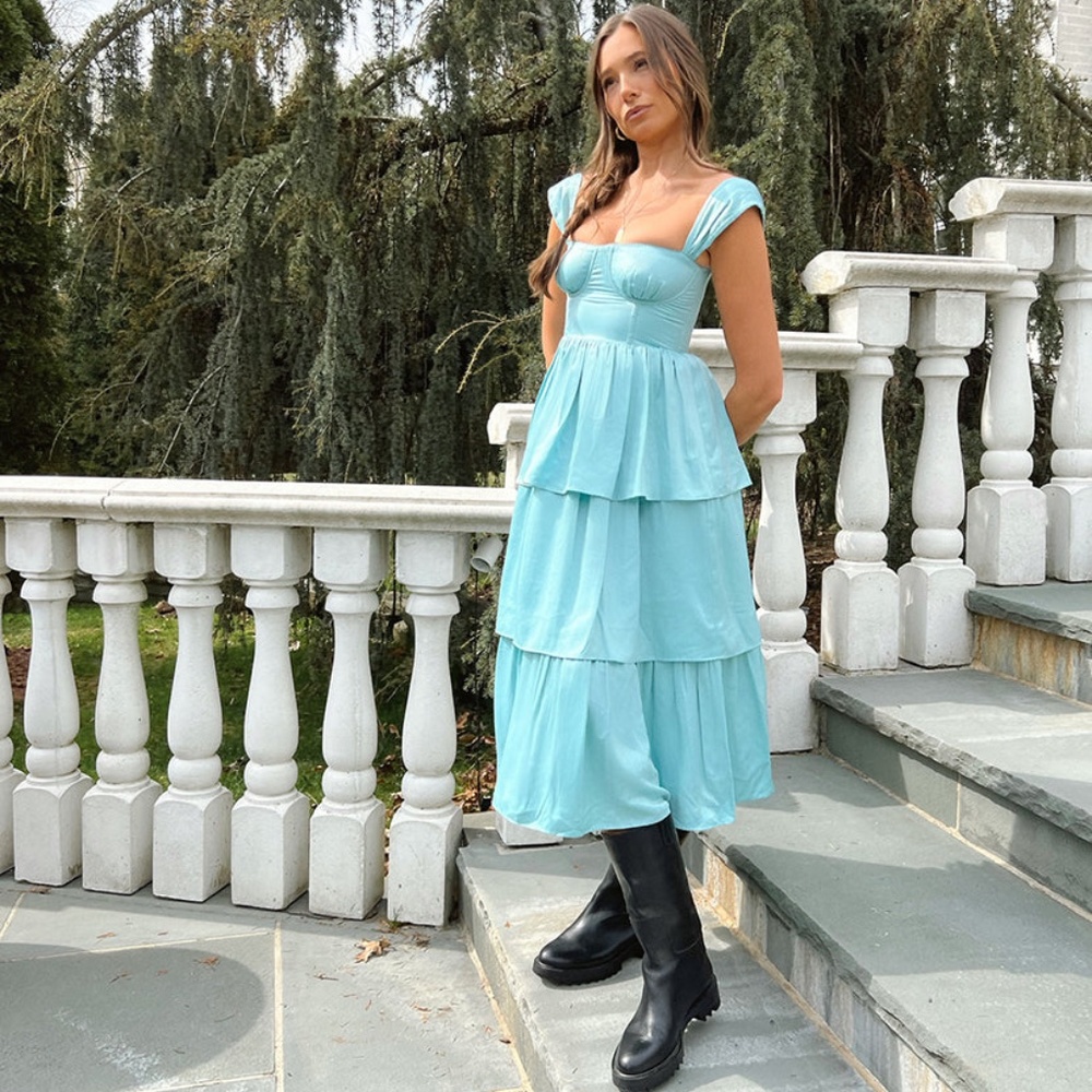 WeWoreWhat- Baby Blue Corset Sateen Dress